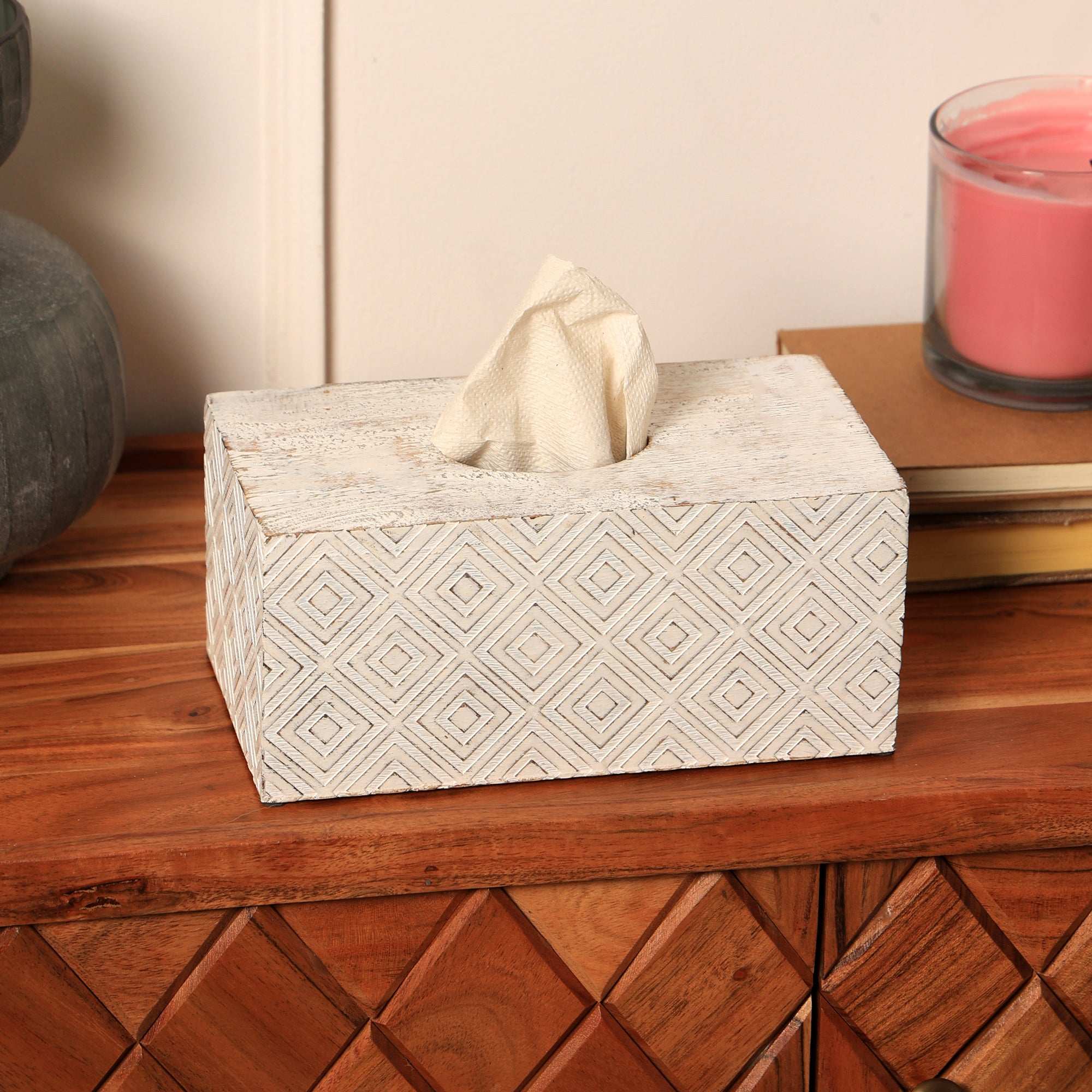 Ronald White Mango Wood Tissue Box Cover | Modern Decorative Facial Tissue Dispenser Holder for Home, Office, Bathroom