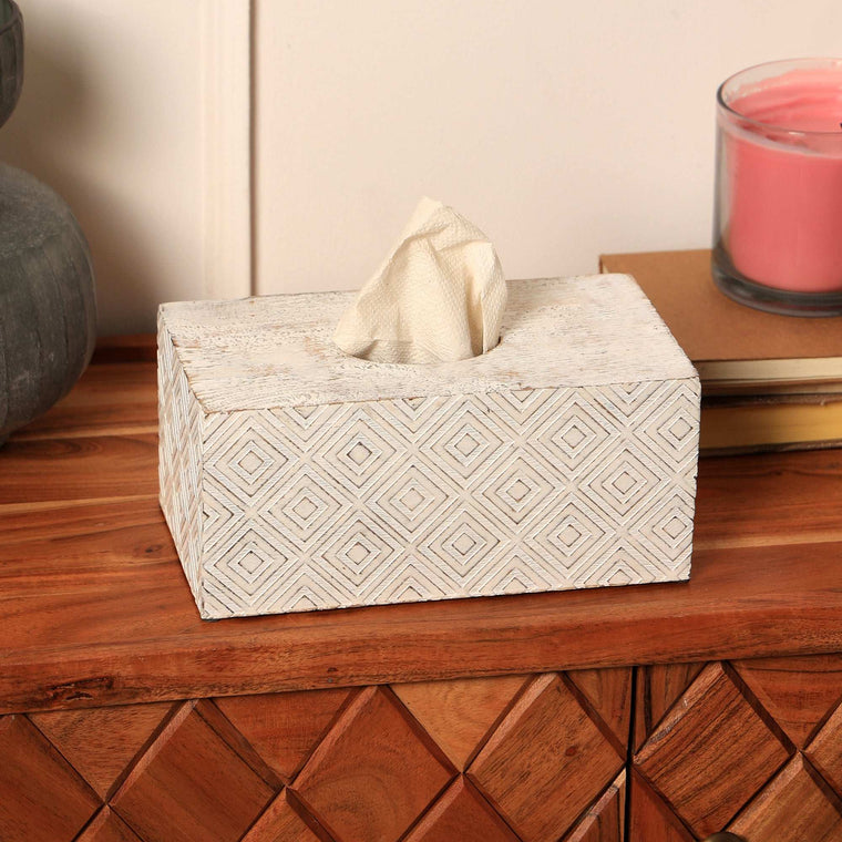 Ronald White Mango Wood Tissue Box Cover | Modern Decorative Facial Tissue Dispenser Holder for Home, Office, Bathroom