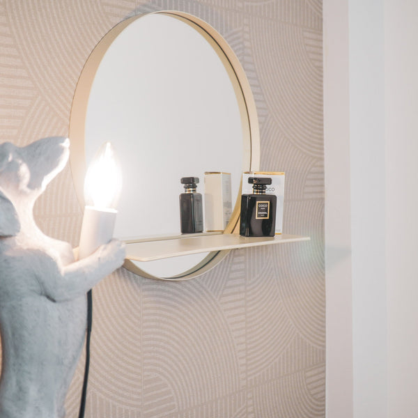 Miroir rond en métal avec étagère - Sable - Ø40 cm