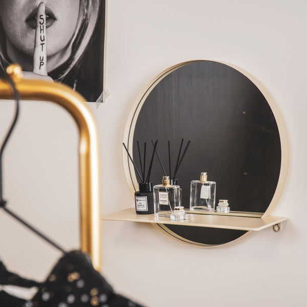 Miroir rond en métal avec étagère - Sable - Ø40 cm