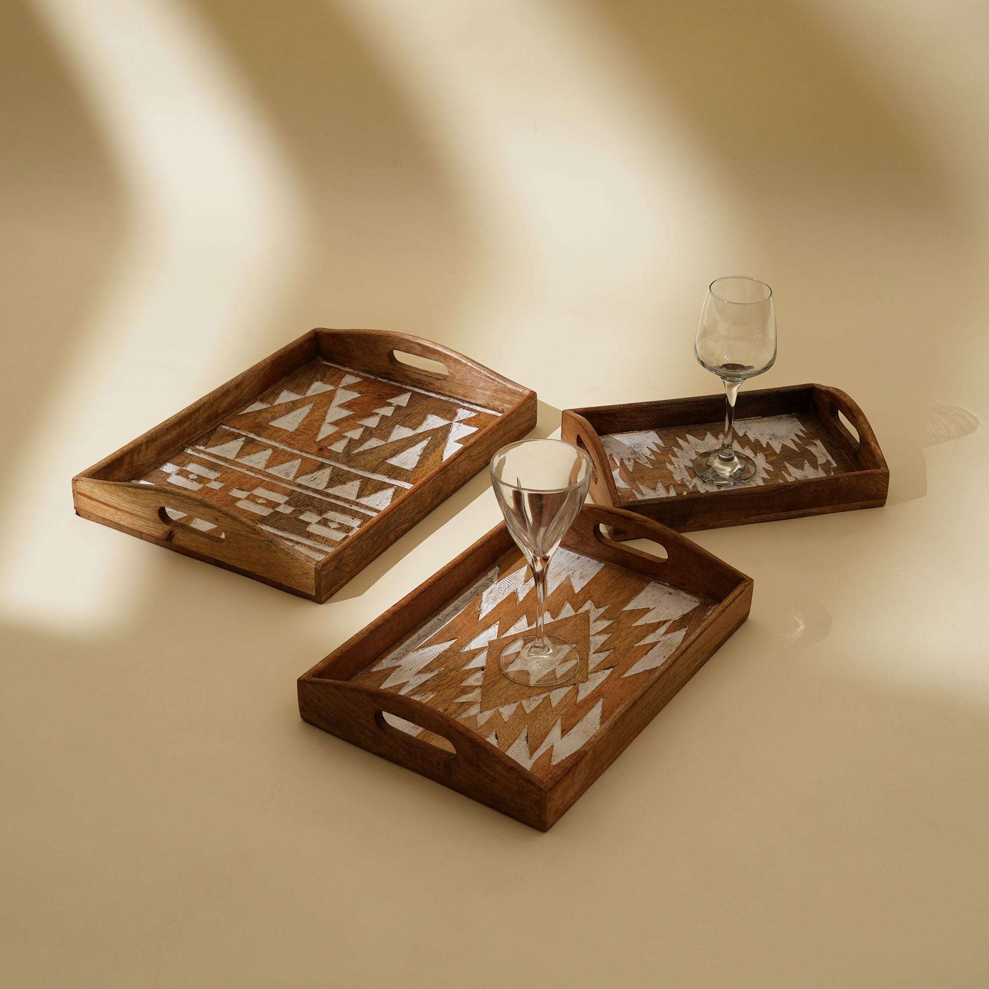 Matterhorn Carved Mango Wood Nesting Tray Set of 3 - Whitewashed Decorative Serving Trays for Home Decor