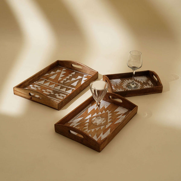 Matterhorn Carved Mango Wood Nesting Tray Set of 3 - Whitewashed Decorative Serving Trays for Home Decor