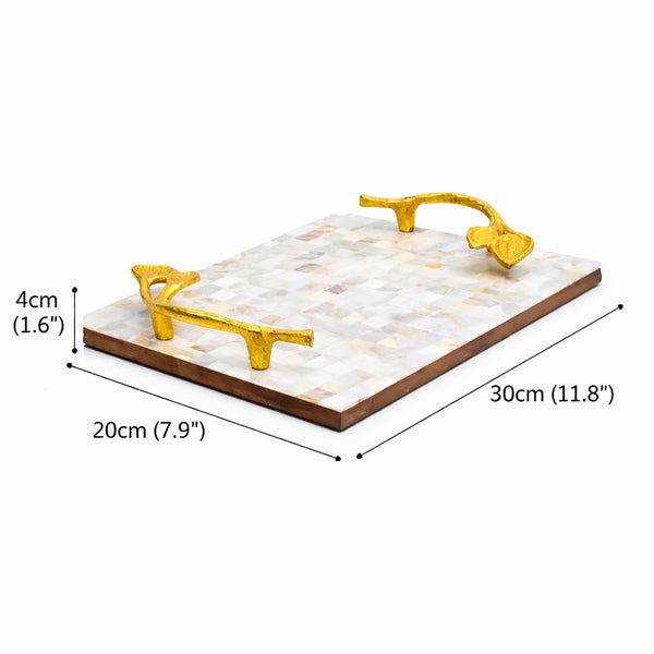 Plateau en résine Nacre avec poignées en feuilles d'or | Décoration de Luxe