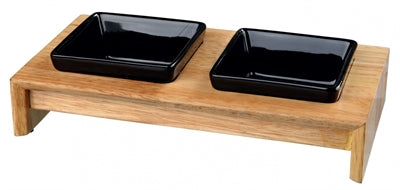 TRIXIE keramische voerbakset met houten standaard, zwart, 200 ml, 28 x 15 x 5 cm