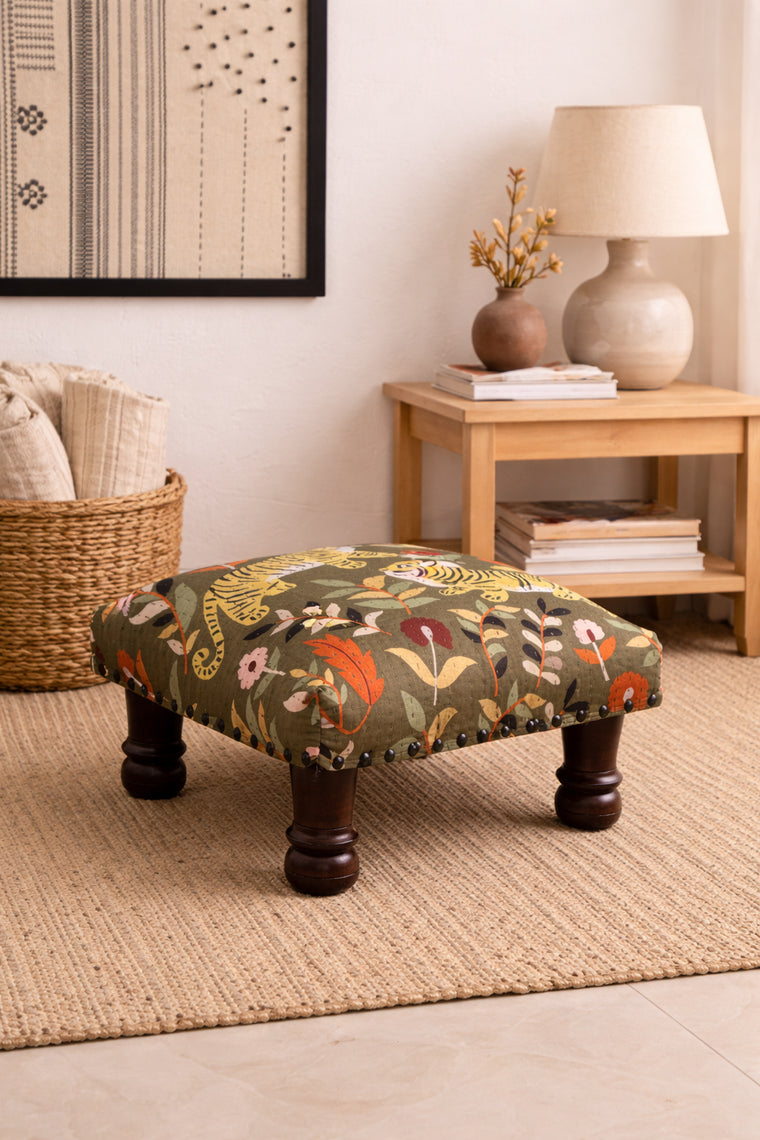 Botanical Tiger Cotton Footstool with Wooden Legs – Green