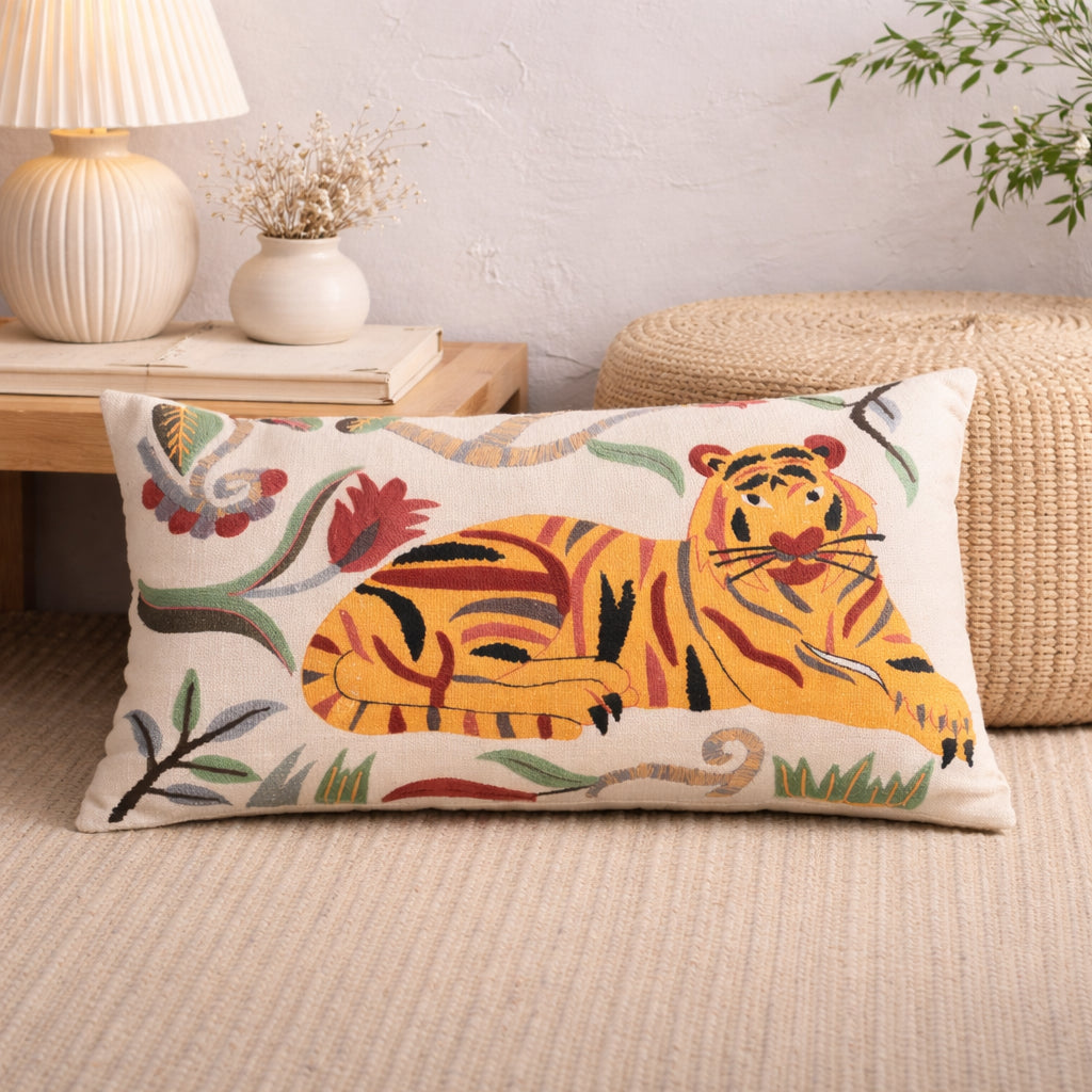 Coussin Coton Tigre Floral Safari 35 x 60 cm
