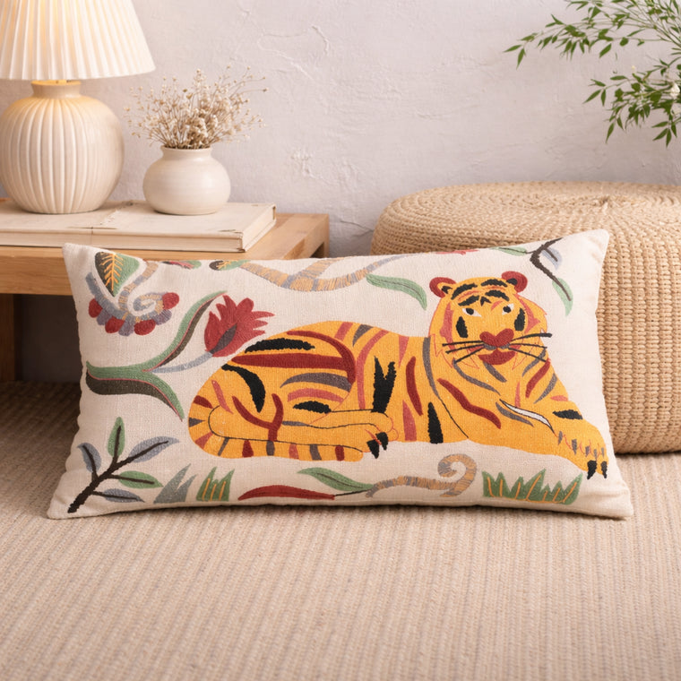 Coussin Coton Tigre Floral Safari 35 x 60 cm