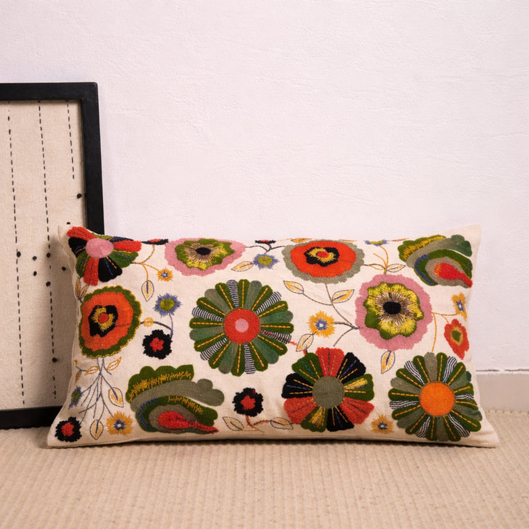 Floral Embroidered Cotton Cushion with Filler 35 × 60 cm