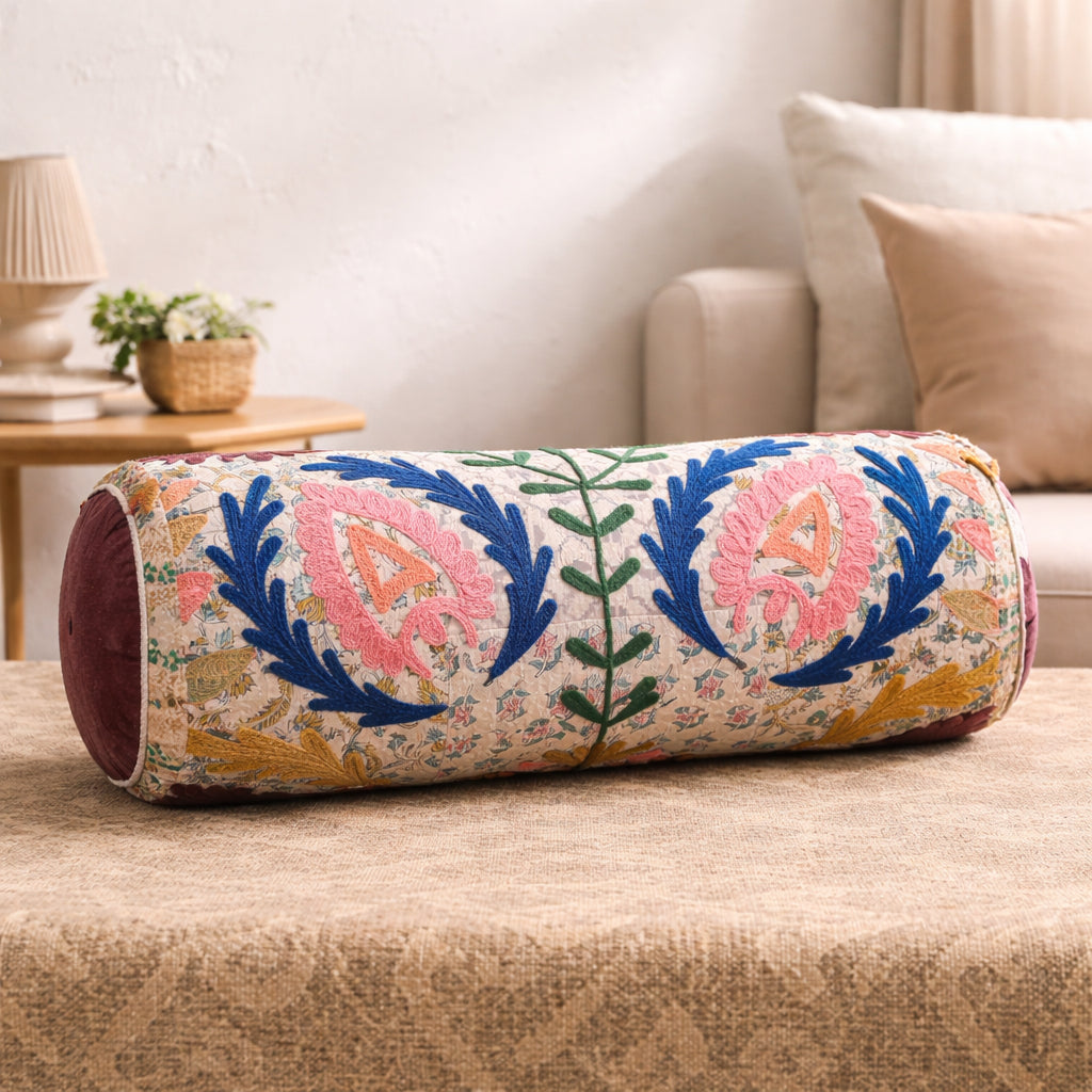 Geborduurd katoenen bolsterkussen met bloemenpatroon meerkleurig 53 x 20 cm