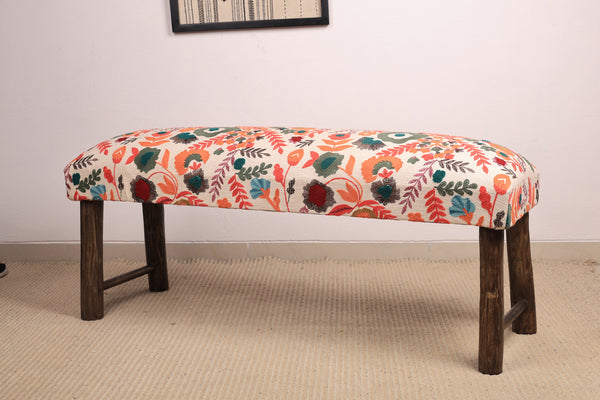 Floral Cotton Upholstered Bench with Wooden Legs 114 cm