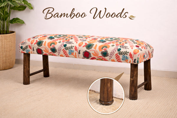 Floral Cotton Upholstered Bench with Wooden Legs 114 cm