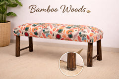 Floral Cotton Upholstered Bench with Wooden Legs 114 cm