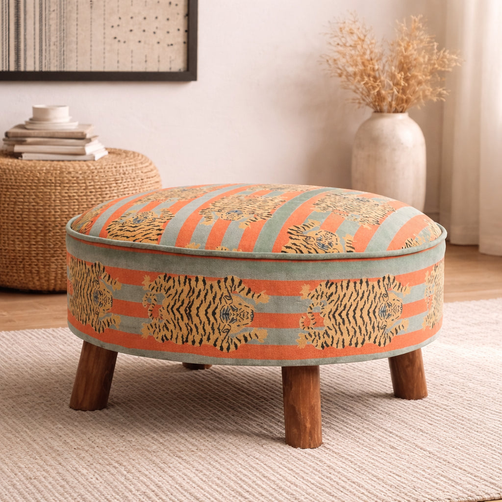 Katoenen ronde voetenbank met houten poten - Tijgerprint - 60 cm