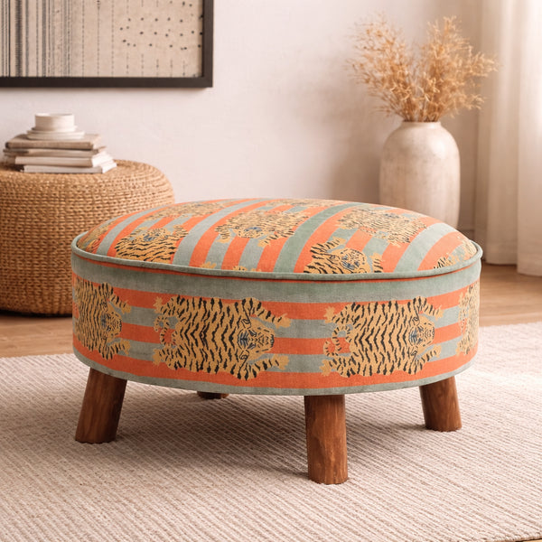 Katoenen ronde voetenbank met houten poten - Tijgerprint - 60 cm