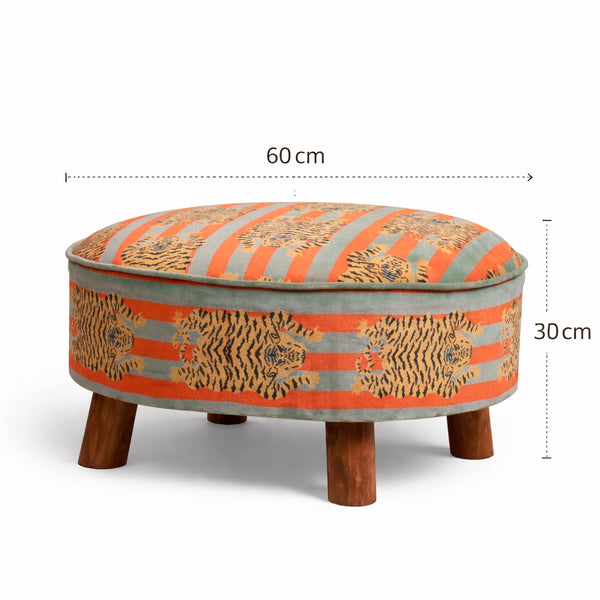 Katoenen ronde voetenbank met houten poten - Tijgerprint - 60 cm