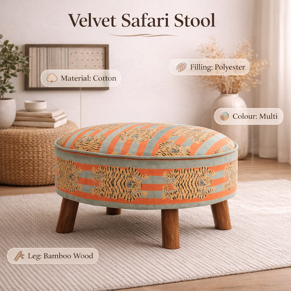 Katoenen ronde voetenbank met houten poten - Tijgerprint - 60 cm