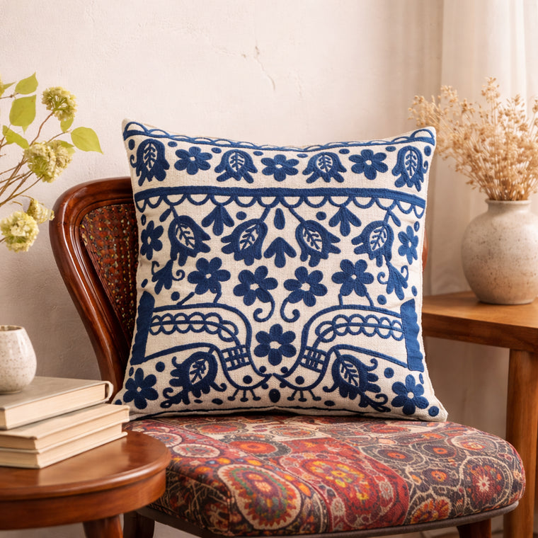 Blue Embroidered Cotton Cushion with Filler 45x45 cm