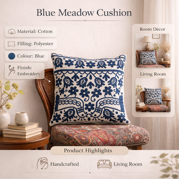 Coussin en coton brodé bleu avec rembourrage 45x45 cm