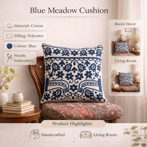 Blue Embroidered Cotton Cushion with Filler 45x45 cm