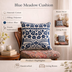 Coussin en coton brodé bleu avec rembourrage 45x45 cm