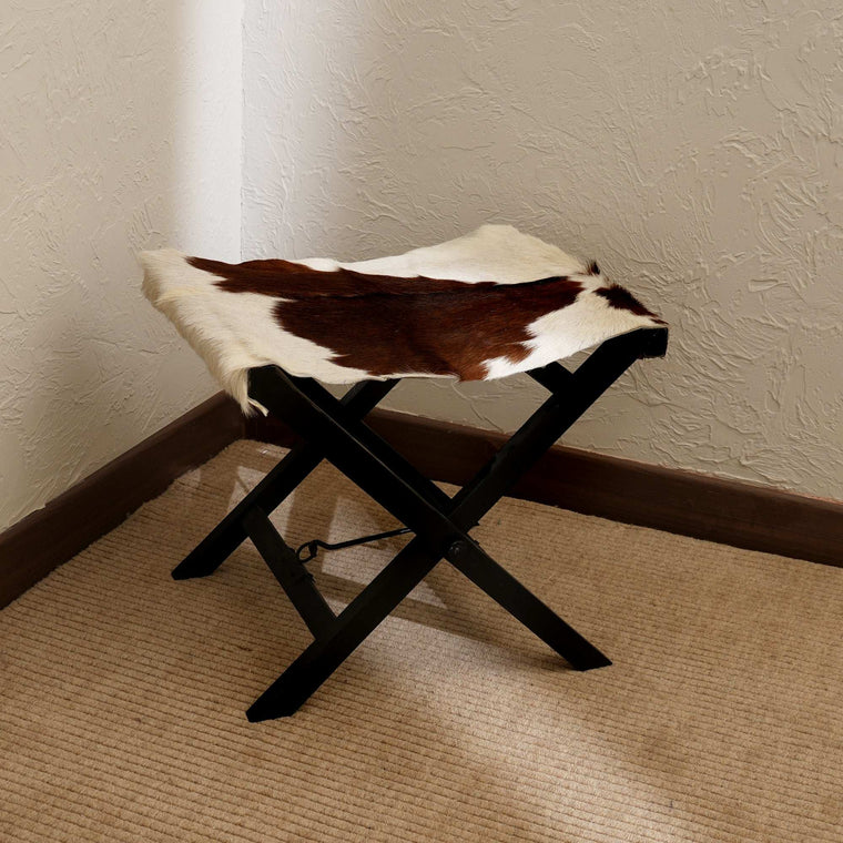 Folding Camp Stool | Genuine Hairon Leather & Natural Wood | Portable Rustic Seat for Camping, Patio & Home