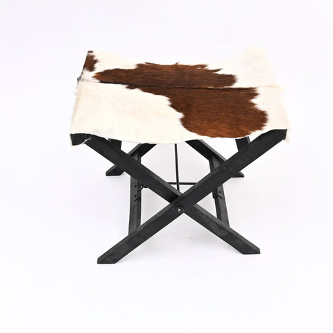 Folding Camp Stool | Genuine Hairon Leather & Natural Wood | Portable Rustic Seat for Camping, Patio & Home