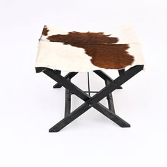 Folding Camp Stool | Genuine Hairon Leather & Natural Wood | Portable Rustic Seat for Camping, Patio & Home