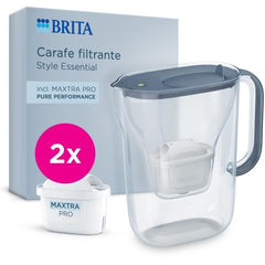 BRITA Carafe filtrante - Style Essential Bleu minéral - Capacité de 2,4 litres dont 1,4 litre d'eau filtrée - 2 Filtres Maxtra Pro Pure