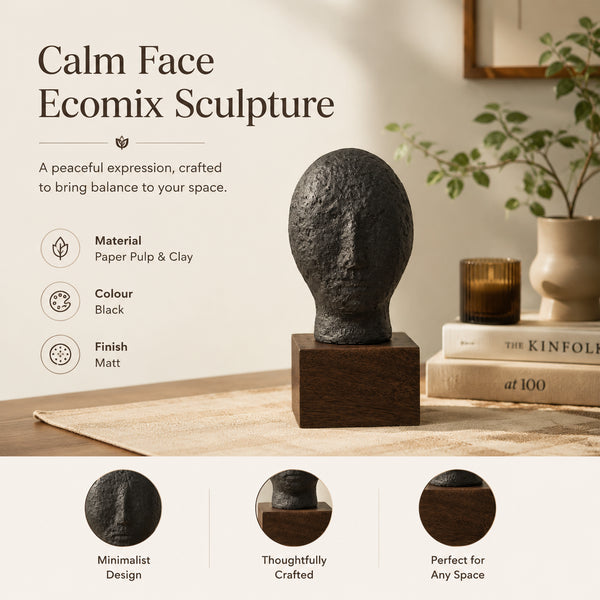 Sculpture visage calme fabriquée à la main en Ecomix - Décoration d'intérieur moderne, écologique et noire mate | Ornement de table serein