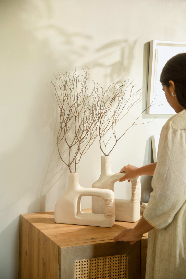 Sarafay Small Handmade Ecomix & Cane Vase - Sustainable Decorative Eco-Friendly Table Desk Accent