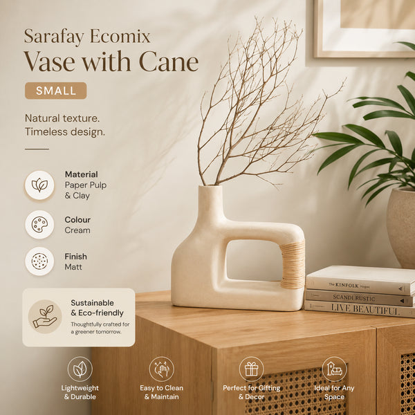 Sarafay Small Handmade Ecomix & Cane Vase - Sustainable Decorative Eco-Friendly Table Desk Accent