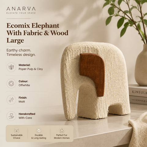 Anarva Grote Ecomix Stof & Mangohout Olifant Sculptuur - Handgemaakte Indiase Volkskunst Decoratie