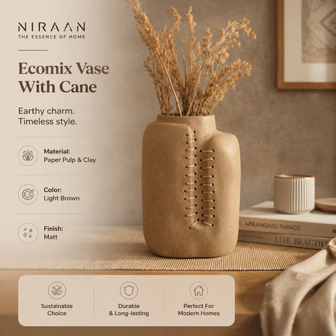 Niraan Handgemaakte Ecomix Riet Vaas | Duurzame Boho Moderne Woondecoratie | Milieuvriendelijk Bloemen Accentstuk