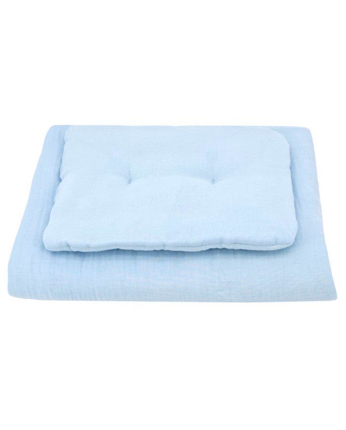 Blauwe mousseline ledikantbedset