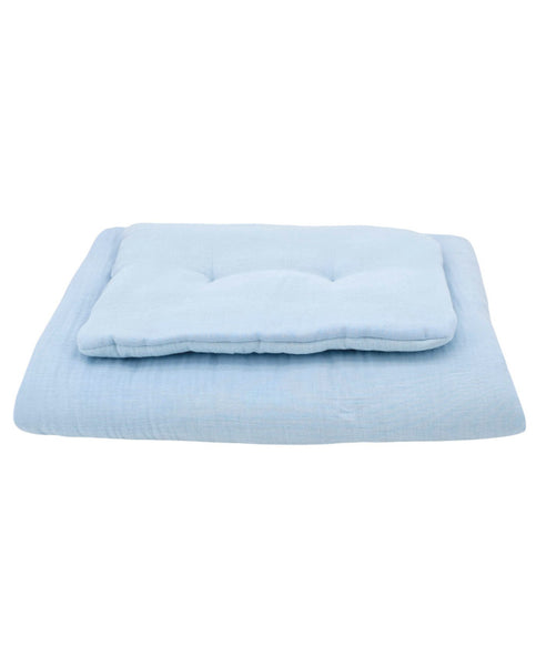 Blauwe mousseline ledikantbedset