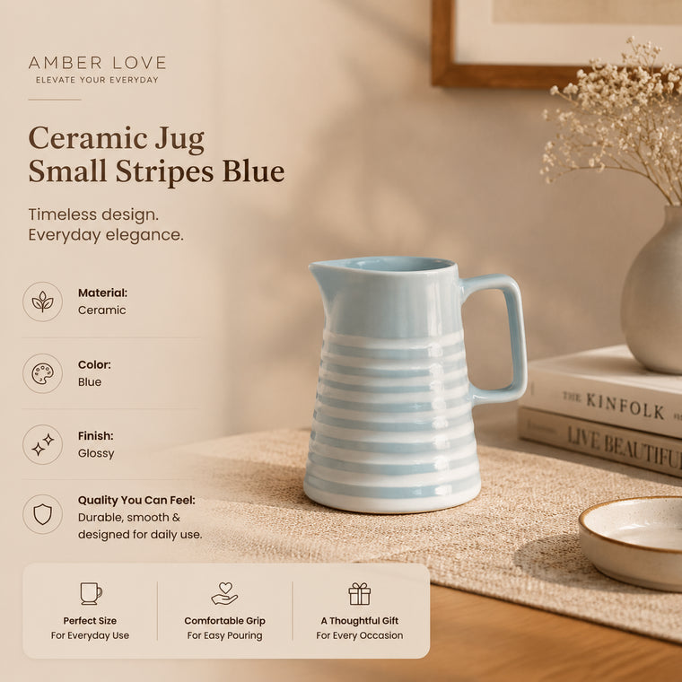 Hand-painted Blue Stripe Ceramic Jug Coastal Farmhouse