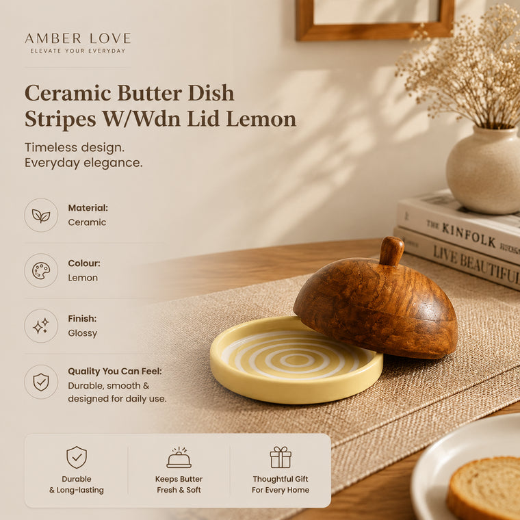 Striped Ceramic Butter Dish with Mango Wood Lid
