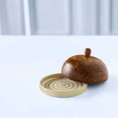 Striped Ceramic Butter Dish with Mango Wood Lid