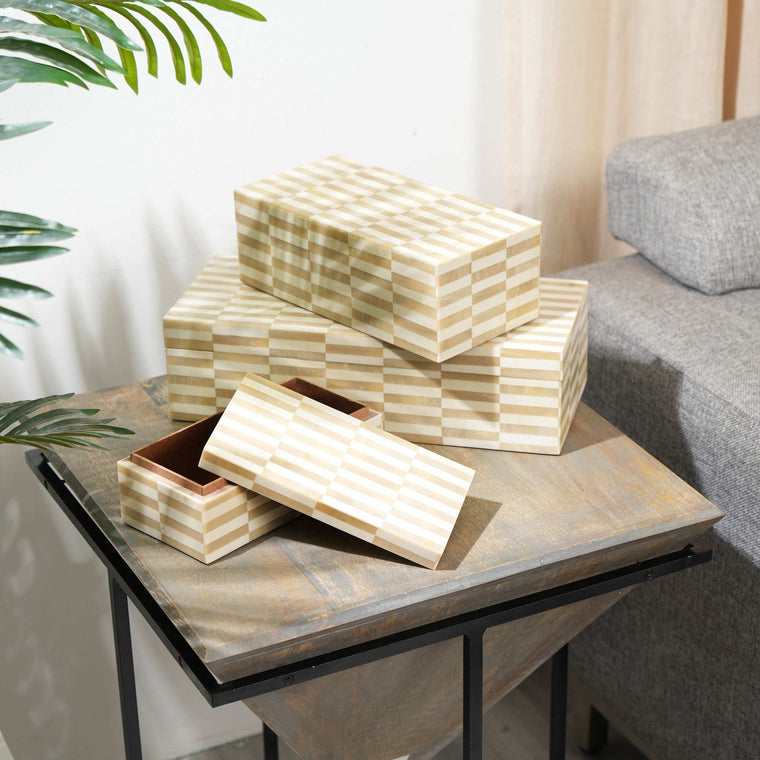 Alicia, ensemble de 3 boîtes de rangement en résine ivoire et MDF pour bijoux et souvenirs – Organisateur d'objets élégant pour commode, bureau