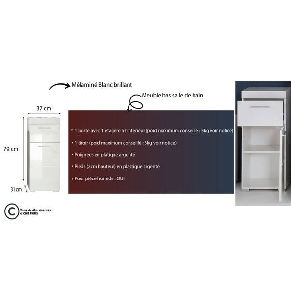 AMANDA bathroom cabinet - 1 door + 1 drawer - W37 x D31 x H79 cm - White - TRENDTEAM