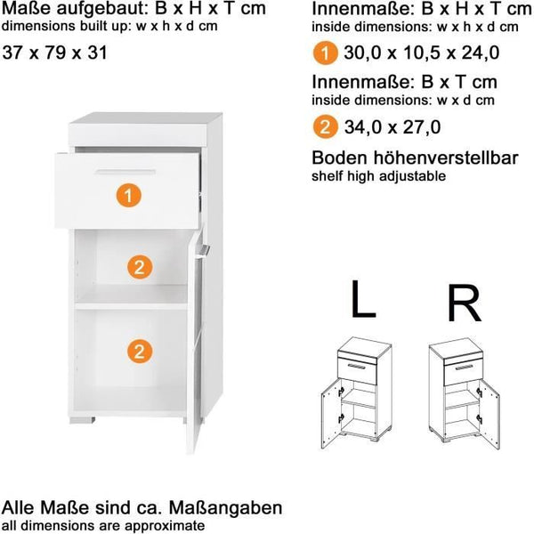 AMANDA bathroom cabinet - 1 door + 1 drawer - W37 x D31 x H79 cm - White - TRENDTEAM