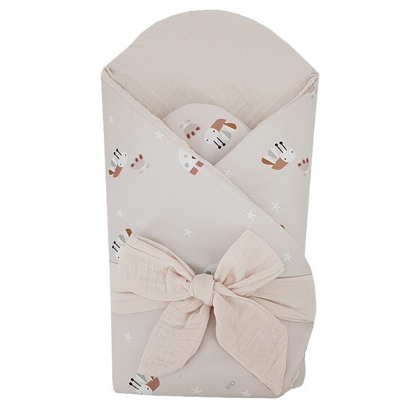 Printed Cotton+Muslin Swaddle Blanket with Coconut BEES/BEIGE