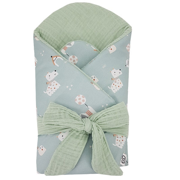 Printed Cotton+Muslin Swaddle Blanket with Coconut DOGS/MINT