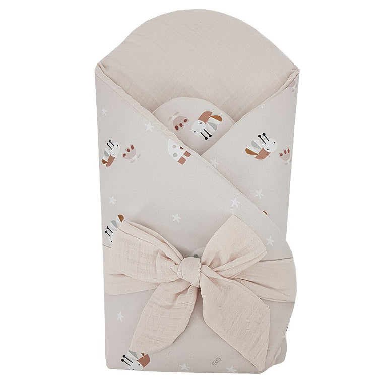 Couverture d'emmaillotage en coton + mousseline imprimé avec noix de coco et motif ABEILLES/BEIGE
