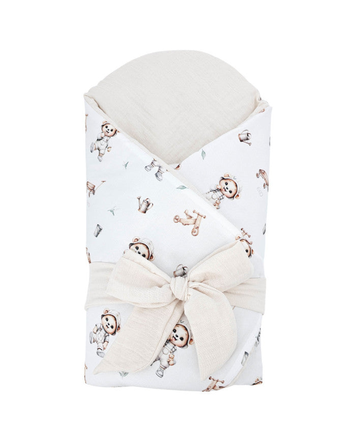 Printed Cotton+Muslin Swaddle Blanket with Coconut GARDENER BEAR