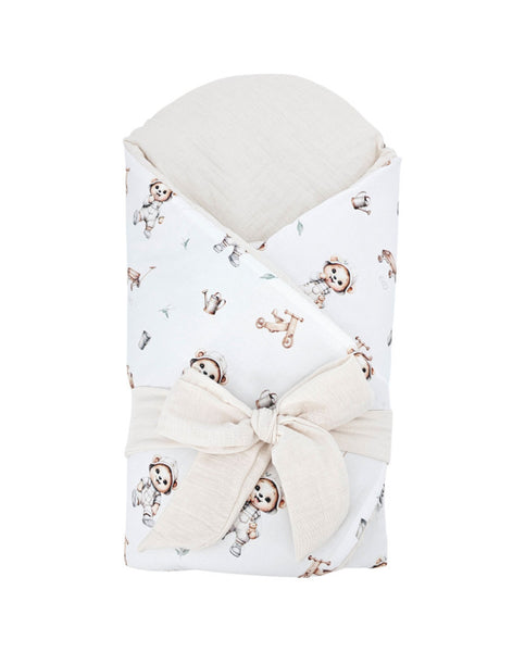 Printed Cotton+Muslin Swaddle Blanket with Coconut GARDENER BEAR